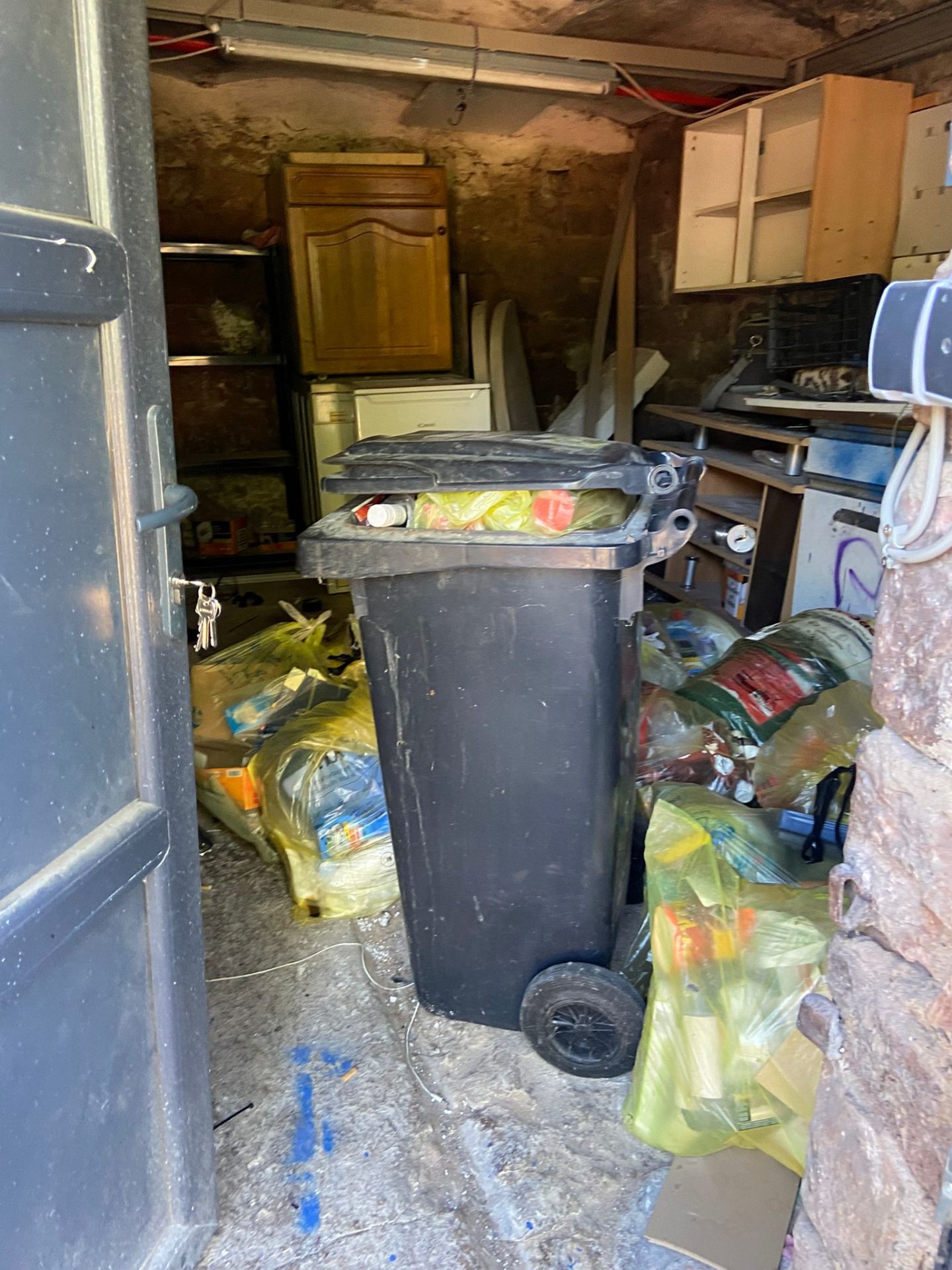 Garage mit Mülltonne und gelben Säcken